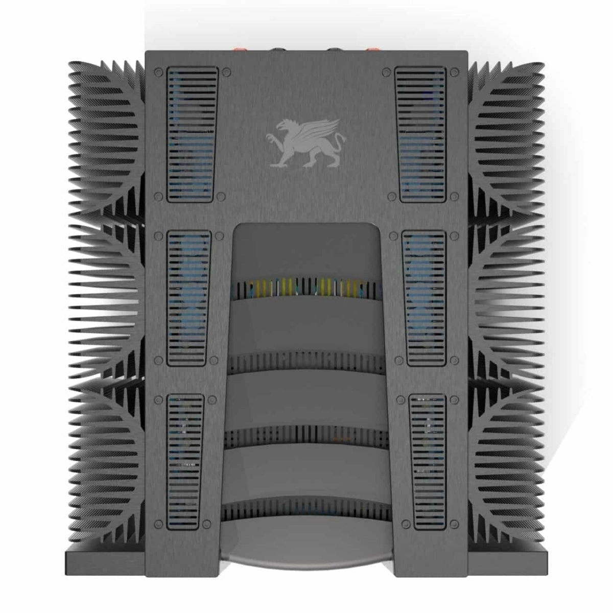 Gryphon Hyperion | wzmacniacz mocy, widok z góry na radiator i logo