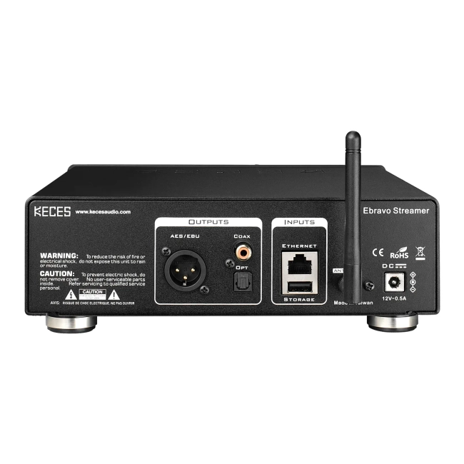 Keces Audio Ebravo Streamer – widok tyłu z gniazdami AES/Coax/Optic, portem Ethernet, USB i anteną
