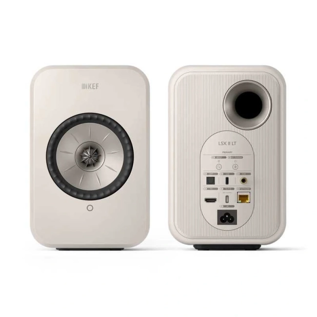 KEF LSX II LT Stone White, front jednego i panel tylny drugiego głośnika
