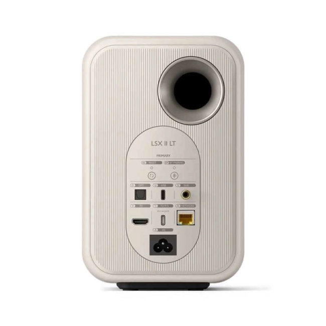 KEF LSX II LT Stone White, tylny panel głośnika z portami i otworem bas-reflex