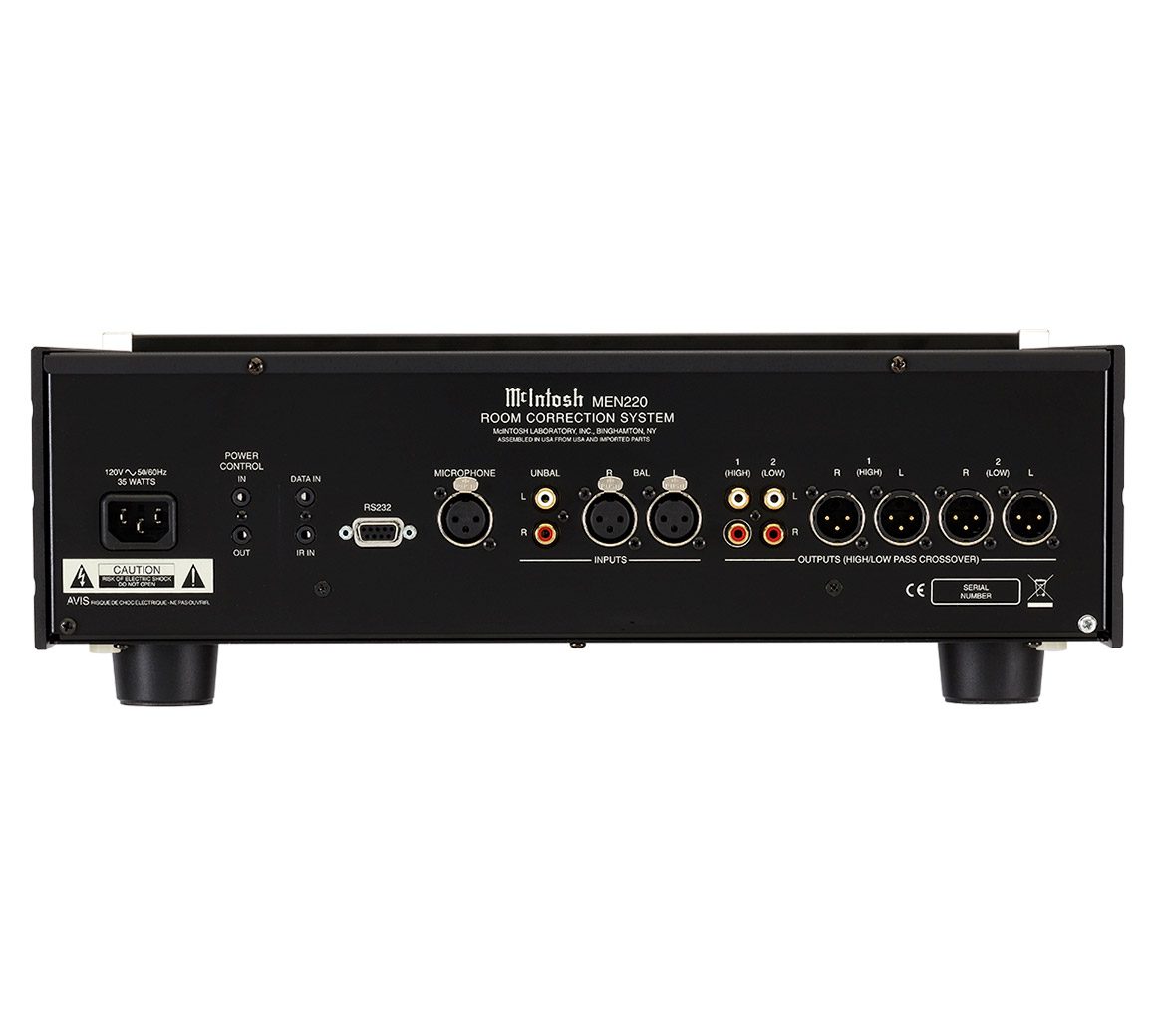 McIntosh MEN220 korektor akustyki – tylna ścianka z wejściami XLR, RCA i gniazdem zasilania