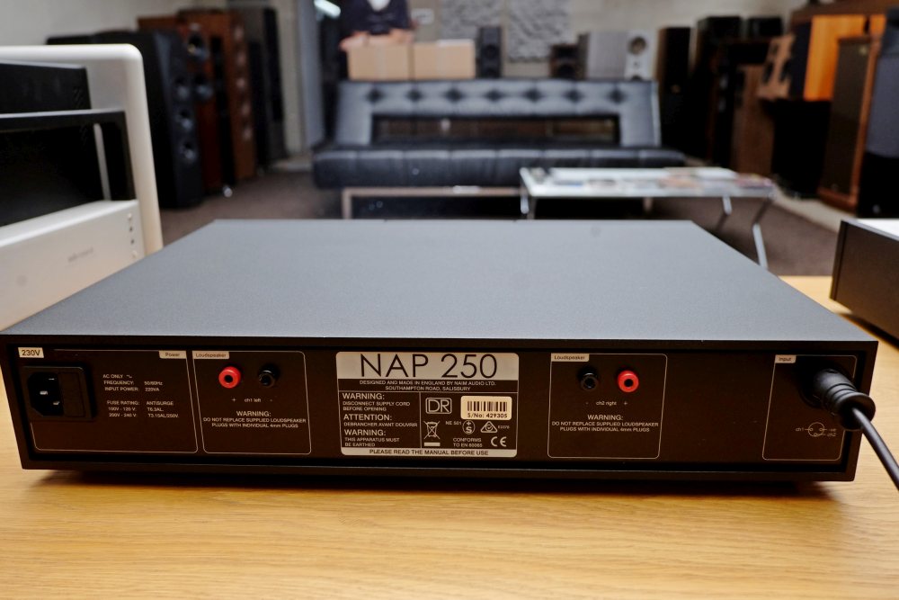 Naim NAP 250 DR – widok tylnej ścianki z gniazdem zasilania i terminalami głośnikowymi