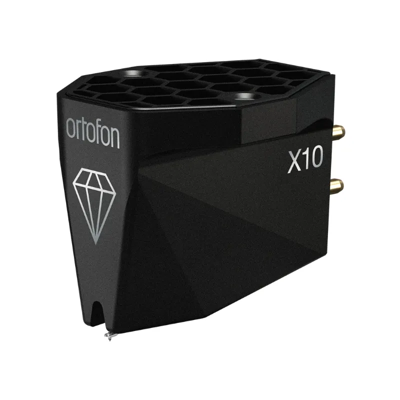 Ortofon MC X10 wkładka gramofonowa, ukośne ujęcie z widocznym logotypem, diamentem i igłą