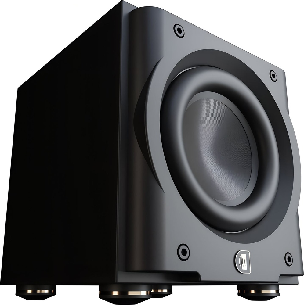 Perlisten R8s czarny satynowy | Subwoofer – widok z przodu pod kątem, membrana i stopki