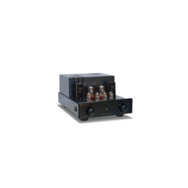 PrimaLuna EVO 100 Preamplifier – ujęcie 3/4 z odsłoniętymi lampami