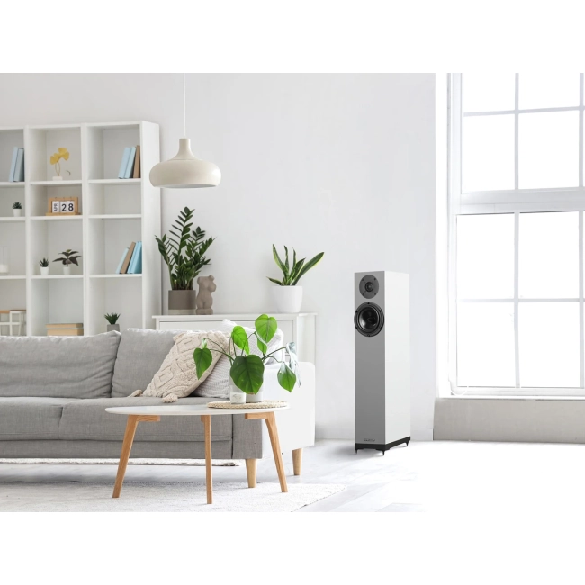 Spendor A2.2 Satin White – kolumny podłogowe z czarnym cokołem w zestawie